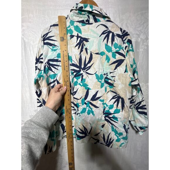 JM Collection 100% Linen Shirt 16 White Blue Floral Tropical Button Up Boxy Tie - Picture 9 of 9